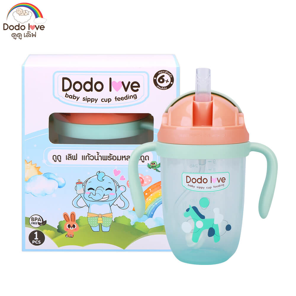 แก้วน้ำซิลิโคนมีหูจับ DODOLOVE พร้อมหลอดดูด สีฟ้า