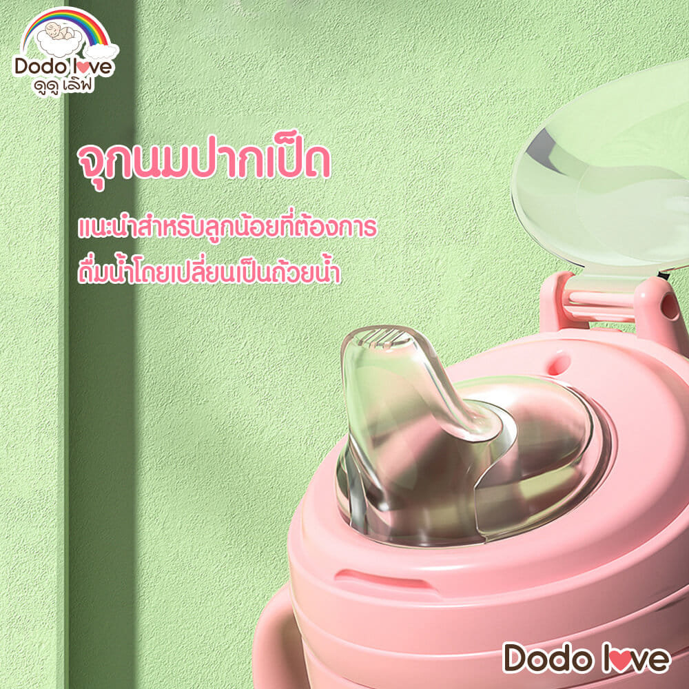 แก้วน้ำซิลิโคนมีหูจับ DODOLOVE พร้อมหลอดดูด สีชมพู