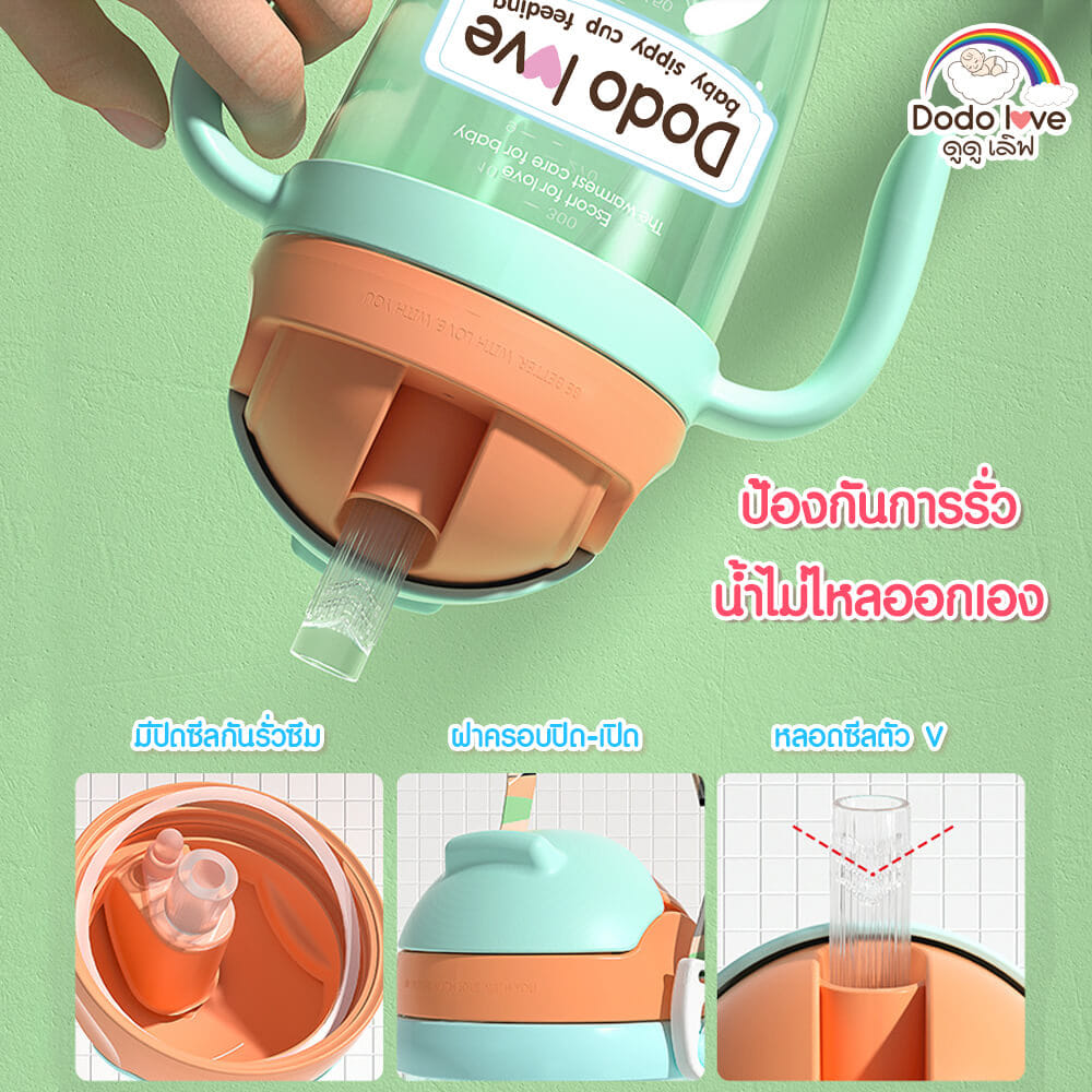 แก้วน้ำซิลิโคนมีหูจับ DODOLOVE พร้อมหลอดดูด สีฟ้า