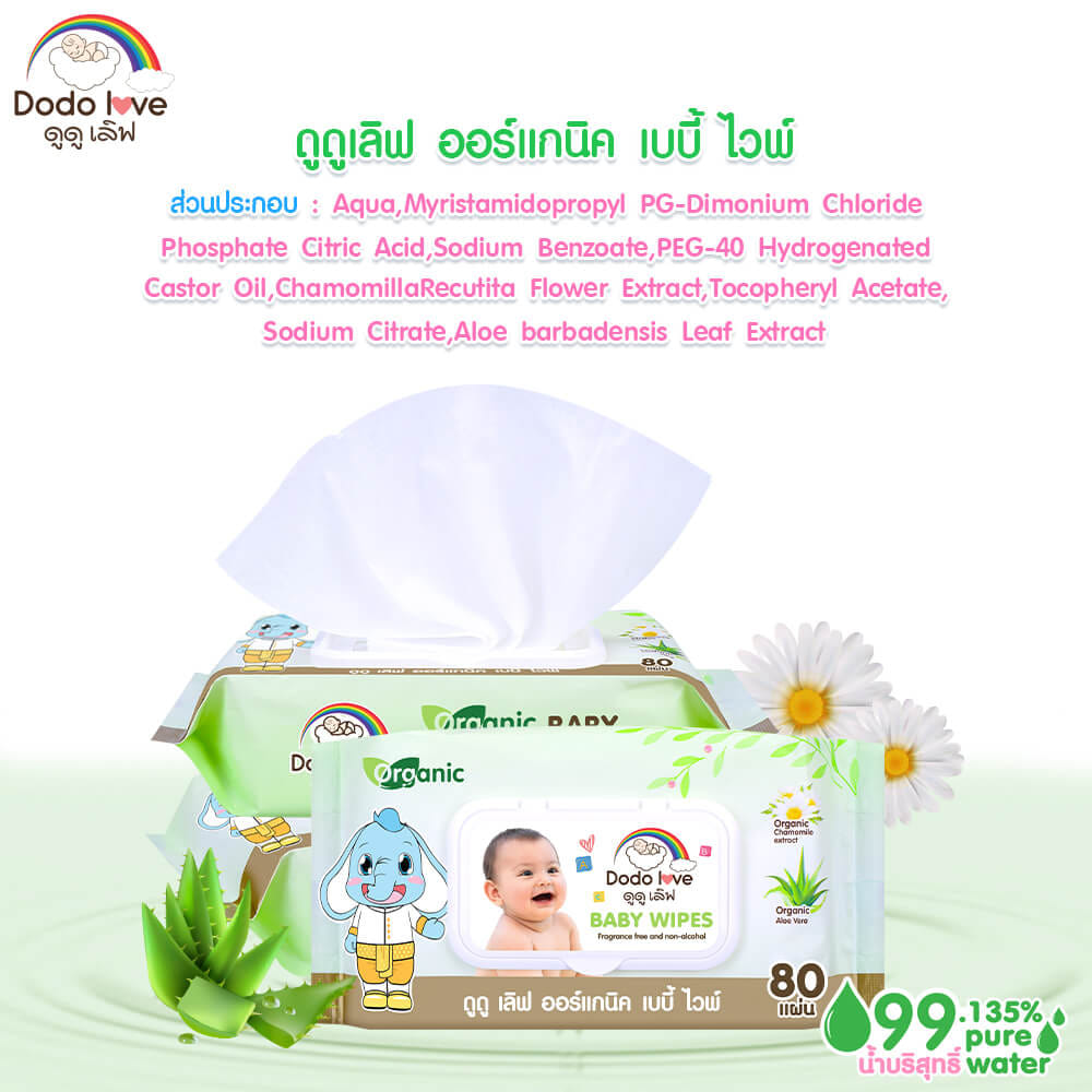 ทิชชู่เปียก DODOLOVE ผ้าเช็ดทำความสะอาดสำหรับเด็ก ออร์แกนิค 80 แผ่น