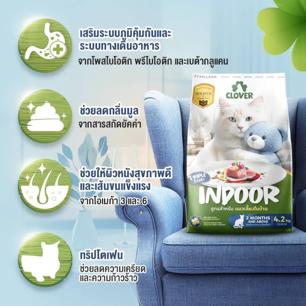 อาหารแมว CLOVER สูตร INDOOR สำหรับแมวเลี้ยงในบ้าน เกรด HOLISTIC GRAIN-FREE โซเดียมต่ำ ( 4.2 KG)_2