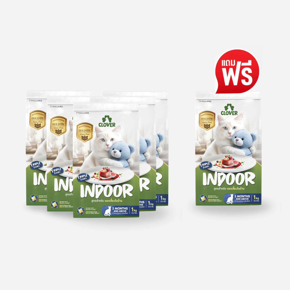 อาหารแมว CLOVER สูตร INDOOR สำหรับแมวเลี้ยงในบ้าน เกรด HOLISTIC GRAIN-FREE 1 กก. (5 แถม 1)_0