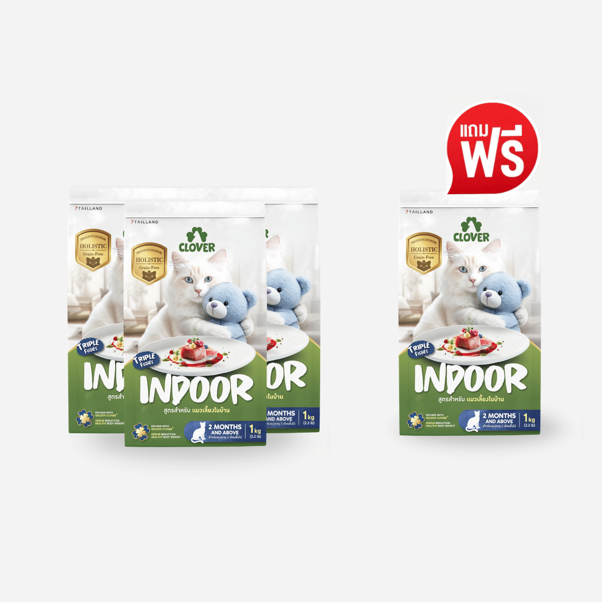 อาหารแมว CLOVER สูตร INDOOR สำหรับแมวเลี้ยงในบ้าน เกรด HOLISTIC GRAIN-FREE 1 กก. (3 แถม 1)_0