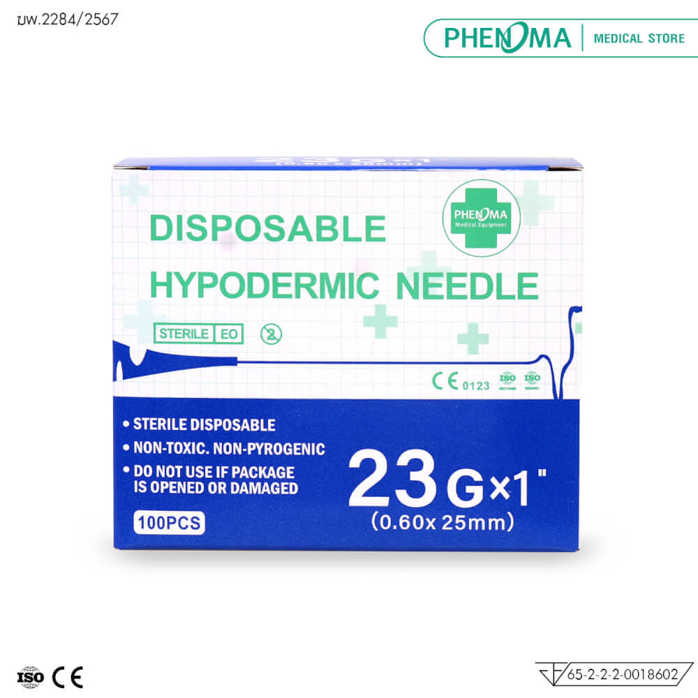 เข็มฉีดยา PHENOMA เบอร์ 23GX1" (100 ชิ้น/กล่อง)
