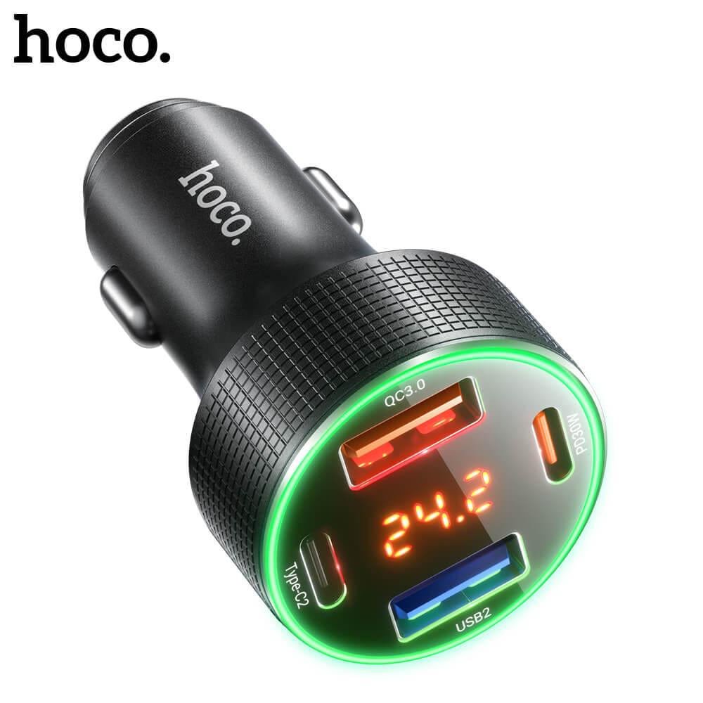 หัวชาร์จในรถยนต์ 4 พอร์ต HOCO HK66 จ่ายไฟสูงสุด 55W รองรับชาร์จเร็ว PD 30W + QC 3.0 มีจอบอกแรงดันไฟ
