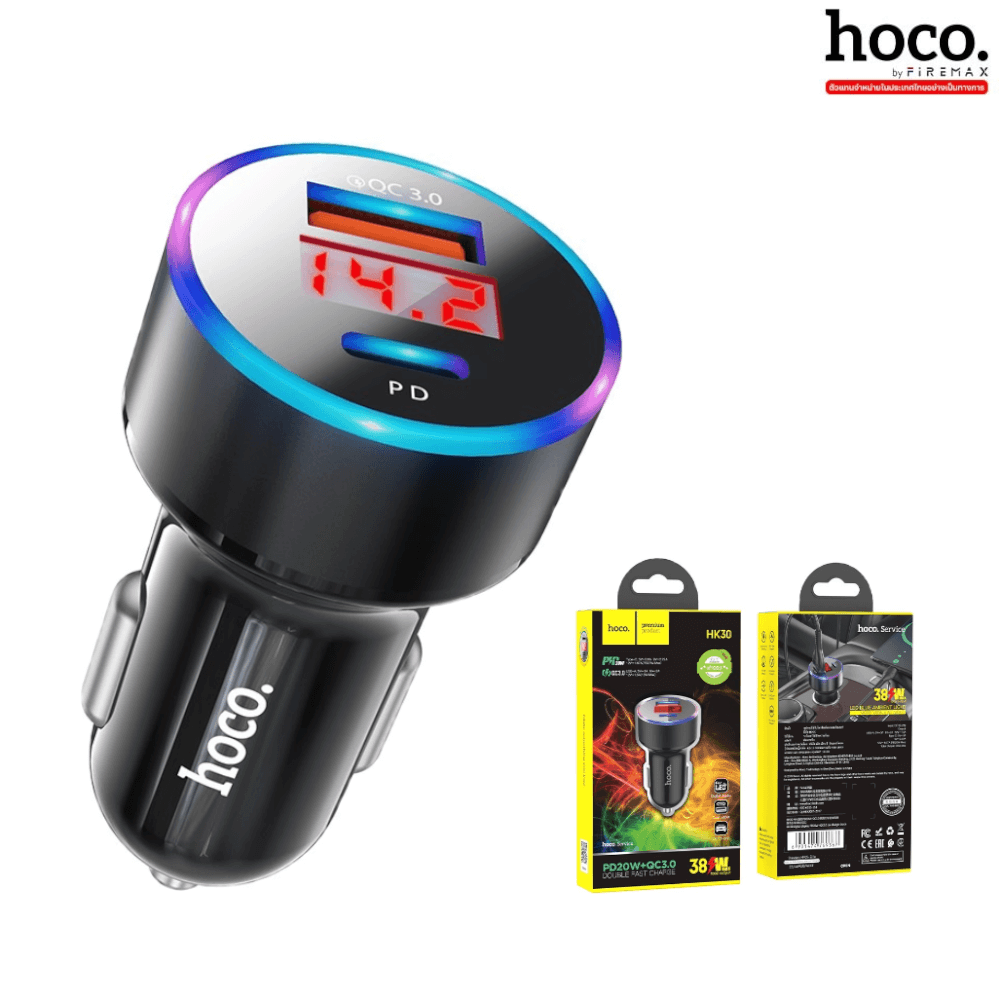 หัวชาร์จใน​รถ 2 พอร์ต HOCO HK30 ชาร์จเร็ว PD 20W​ + QC 3.0​ มีหน้าจอ LCD​ แสดงค่าแรงดันไฟ
