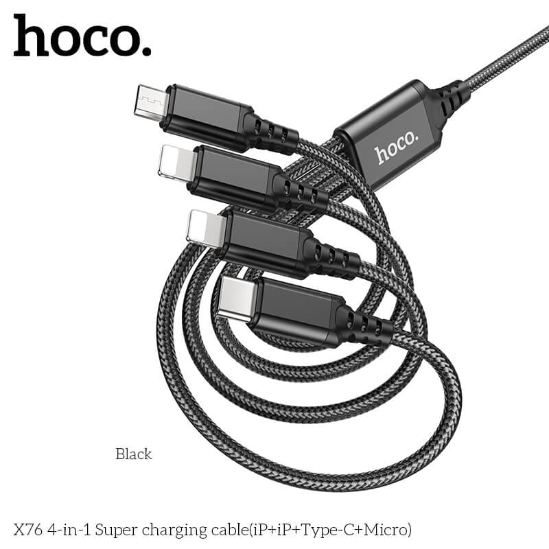 สายชาร์จ 4 หัว HOCO X76 4IN1 สำหรับ IOS (X2) + MICRO + TYPE-C ยาว 1 เมตร จ่ายไฟเต็ม 2A สีดำ_0