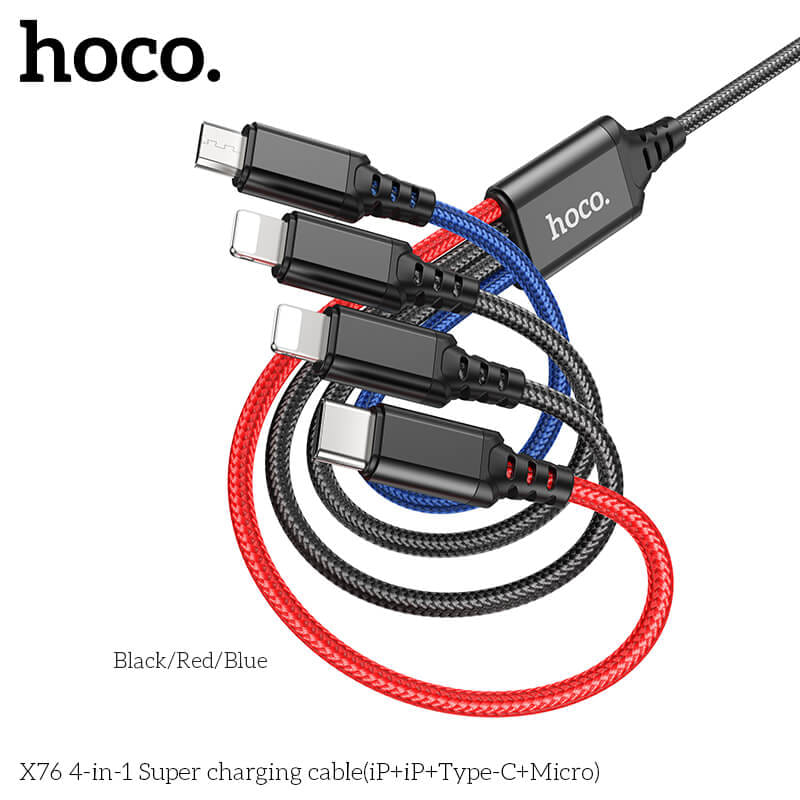 สายชาร์จ 4 หัว HOCO X76 4IN1 สำหรับ IOS (X2) + MICRO + TYPE-C ยาว 1 เมตร จ่ายไฟเต็ม 2A สีรวม_0