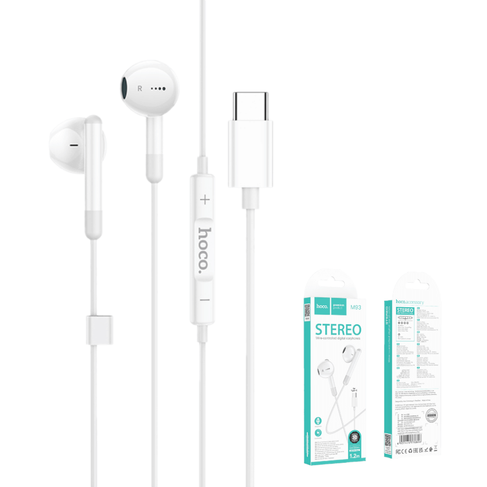 หูฟัง HOCO M93 สาย USB-C สีขาว ไมโครโฟนในตัว พร้อมปุ่มคอนโทรล