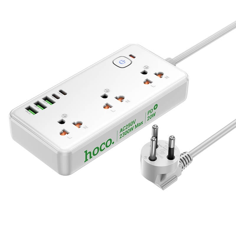 รางปลั๊กไฟ 8IN1 HOCO DC100 3 ช่อง 2 USB 3 TYPE-C 1 สวิตช์ 2300W สายยาว 2M สีขาว