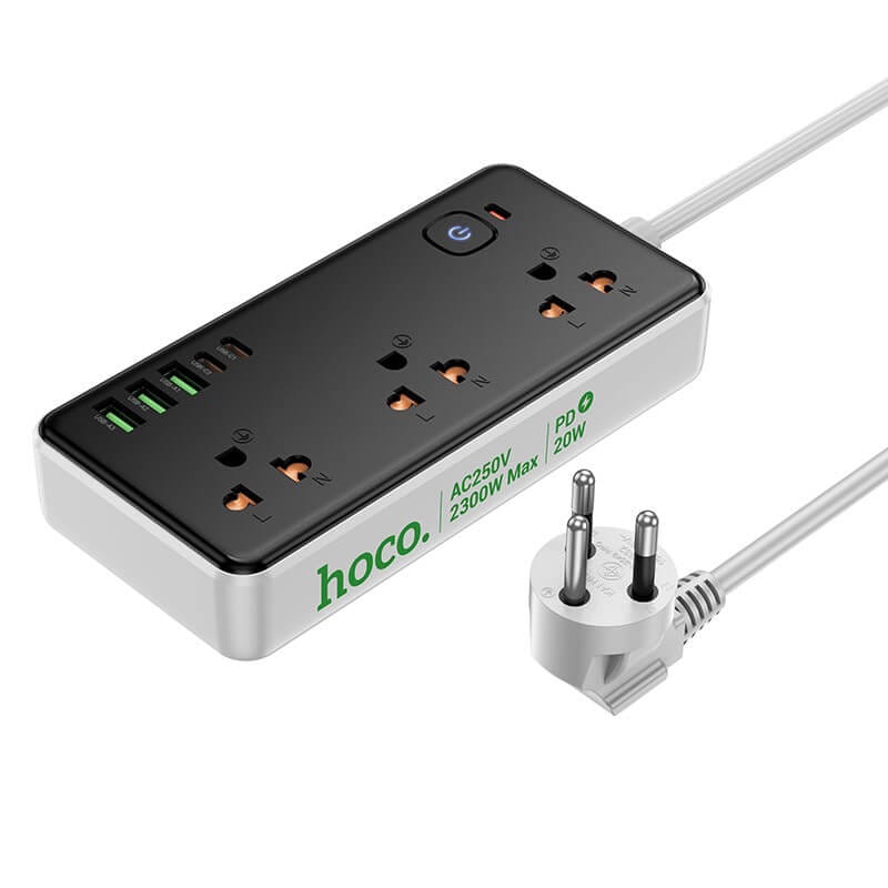 รางปลั๊กไฟ 3ช่อง 3USB 2TYPE-C 1สวิตช์ HOCO DC100 สีดำ 2300W สายยาว 2M