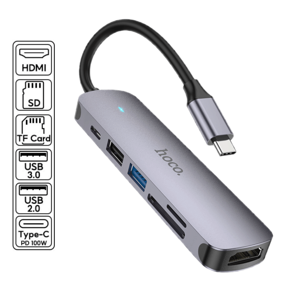 อุปกรณ์เชื่อมต่อ ยูเอสบี-ซี มีเดีย ฮับ 6-IN-1 HOCO HB28 TYPE-C 100W MULTIFUNCTION ADAPTER