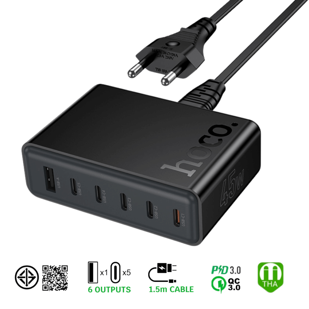 หัวชาร์จเร็ว 6IN1 HOCO C150 พอร์ต TYPE-C 5 ช่อง + USB 1 ช่อง แบบตั้งโต๊ะ