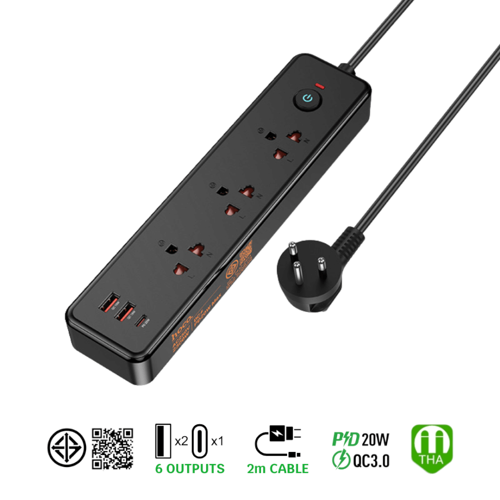 รางปลั๊กไฟ 3 ช่อง 2 USB 1 TYPE-C 1 สวิตช์ HOCO DC133 สีดำ 2300W สายยาว 2M