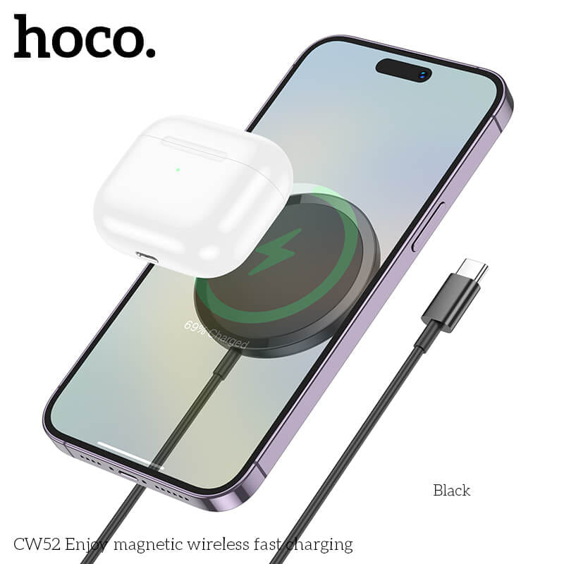 แท่นชาร์จไร้สาย 2IN1 HOCO CW52 QI WIRELESS จ่ายไฟ 15W รองรับ มือถือ & หูฟังไร้สาย IOS ANDROID สีดำ_1