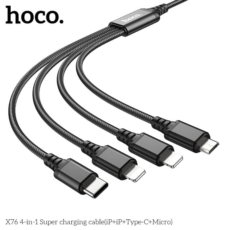 สายชาร์จ 4 หัว HOCO X76 4IN1 สำหรับ IOS (X2) + MICRO + TYPE-C ยาว 1 เมตร จ่ายไฟเต็ม 2A สีดำ_1