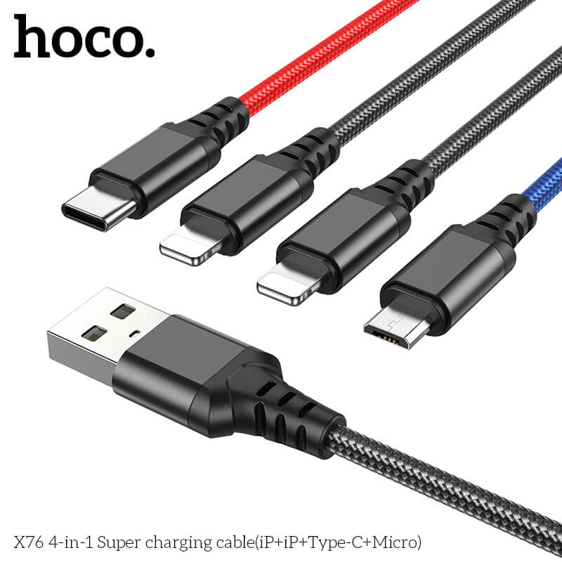 สายชาร์จ 4 หัว HOCO X76 4IN1 สำหรับ IOS (X2) + MICRO + TYPE-C ยาว 1 เมตร จ่ายไฟเต็ม 2A สีรวม_1