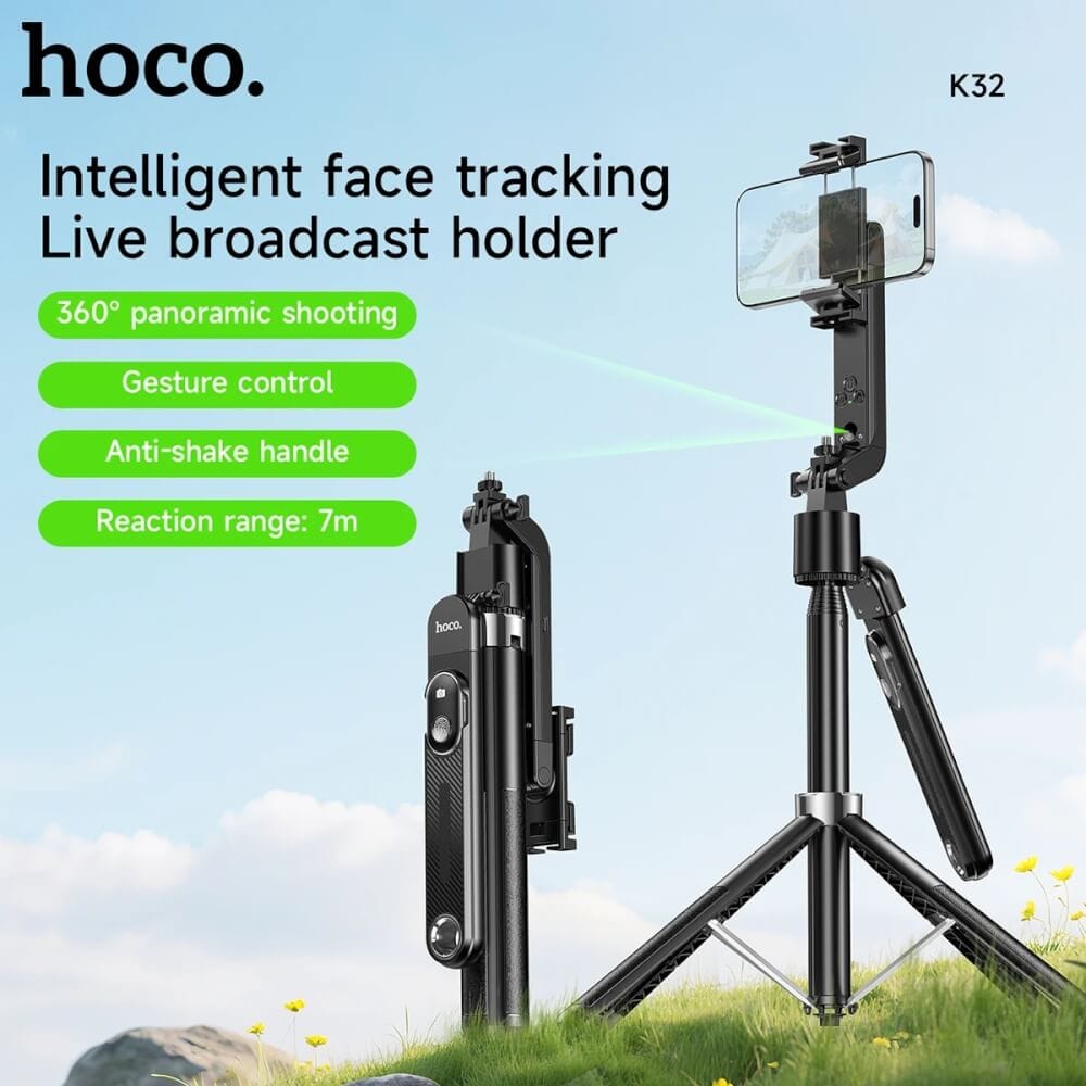 ขาตั้งมือถือ HOCO K32 หมุนได้ 360&deg; ติดตามใบหน้าอัตโนมัติ, รีโมทบลูทูธ, ปรับความสูงได้ 181 ซม., ควบคุมด้วยท่าทาง, ระบบกันสั่น 3 แกน