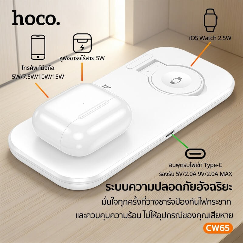 แท่นชาร์จไร้สาย 3-IN-1 HOCO CW65 สีขาว ระบบชาร์จ QI สำหรับโทรศัพท์ APPLE WATCH และ AIRPODS