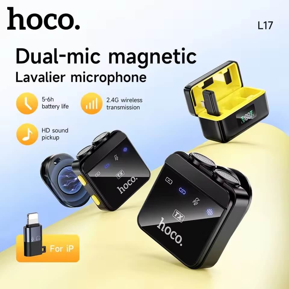 ไมโครโฟนไร้สาย HOCO L17 ระบบลดเสียงรบกวน รับเสียง HD 360&deg; ส่งสัญญาณ 2.4GHZ ระยะการใช้งาน 15 เมตร สำหรับ ANDROID & IOS