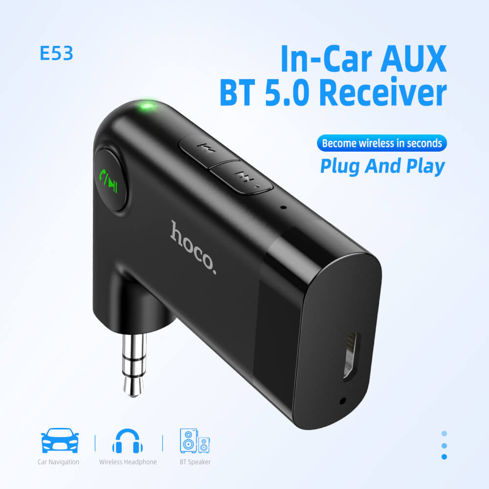 อุปกรณ์รับสัญญาณบลูทูธ HOCO E53 แปลงพอร์ต AUX 3.5MM สำหรับใช้งานในรถยนต์ รองรับการโทรสาย