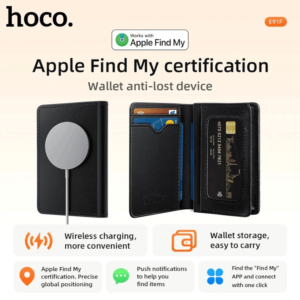 กระเป๋าเก็บการ์ดอัจฉริยะ HOCO E91F พร้อม GPS TRACKER ติดตามตำแหน่งทั่วโลก สำหรับ APPLE IOS เก็บบัตรได้ 11 ใบ
