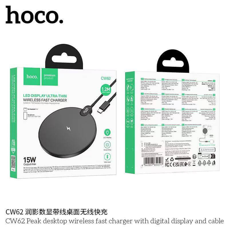 แท่นชาร์จไร้สาย 2IN1 HOCO CW62 ระบบ QI พร้อมหน้าจอ LED กำลังไฟสูงสุด 15W สำหรับสมาร์ทโฟน และ หูฟังไร้สาย สีดำ_10
