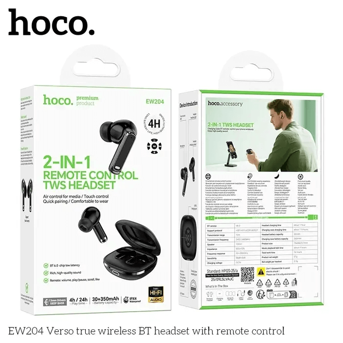 หูฟังไร้สาย HOCO EW204 พร้อมเคสรีโมทคอนโทรล ควบคุมสมาร์ทโฟน การชมวิดีโอ การฟังเพลง การถ่ายรูป สีดำ