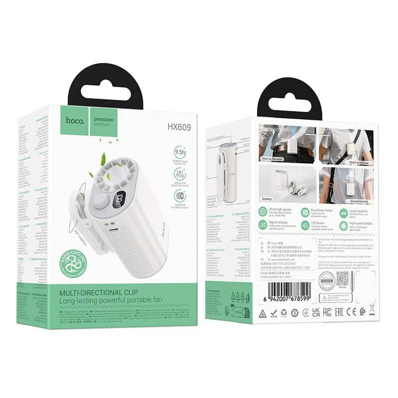 พัดลมพกพา HOCO HX609 แบบคลิปหนีบ หมุนได้ 360&deg; ปรับแรงลม 100 ระดับ หน้าจอดิจิทัล แบตเตอรี่ 3600MAH ใช้งานสูงสุด 9.5 ชั่วโมง