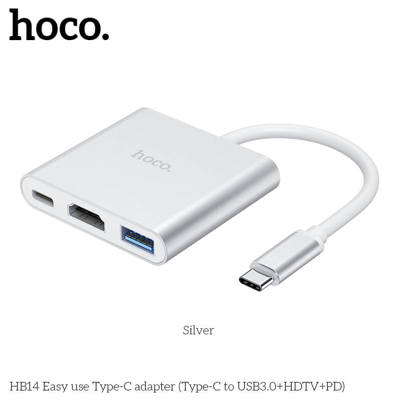 อะแดปเตอร์ฮับ HOCO HB14 แปลงช่อง TYPE-C เป็น 4K HDMI HDTV + USB 3.0 + PD 2.0 สีเงิน_2