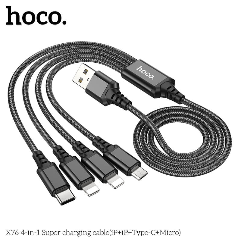 สายชาร์จ 4 หัว HOCO X76 4IN1 สำหรับ IOS (X2) + MICRO + TYPE-C ยาว 1 เมตร จ่ายไฟเต็ม 2A สีรวม_2