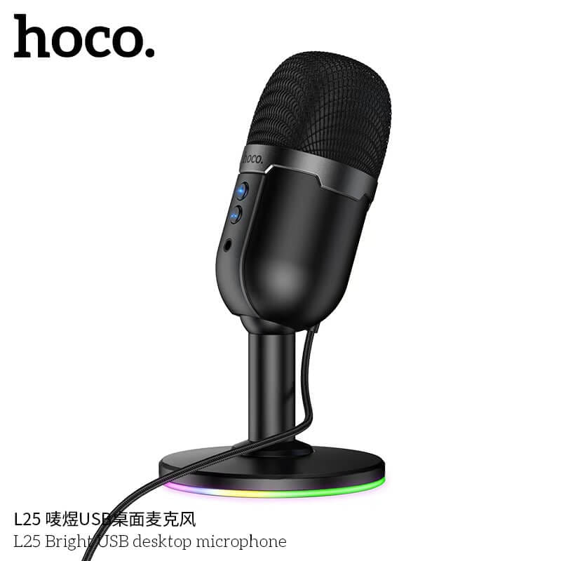 ไมโครโฟนตั้งโต๊ะ HOCO L25 จับเสียงรอบทิศ 360&deg; ต่อสาย USB-A พร้อมไฟ RGB