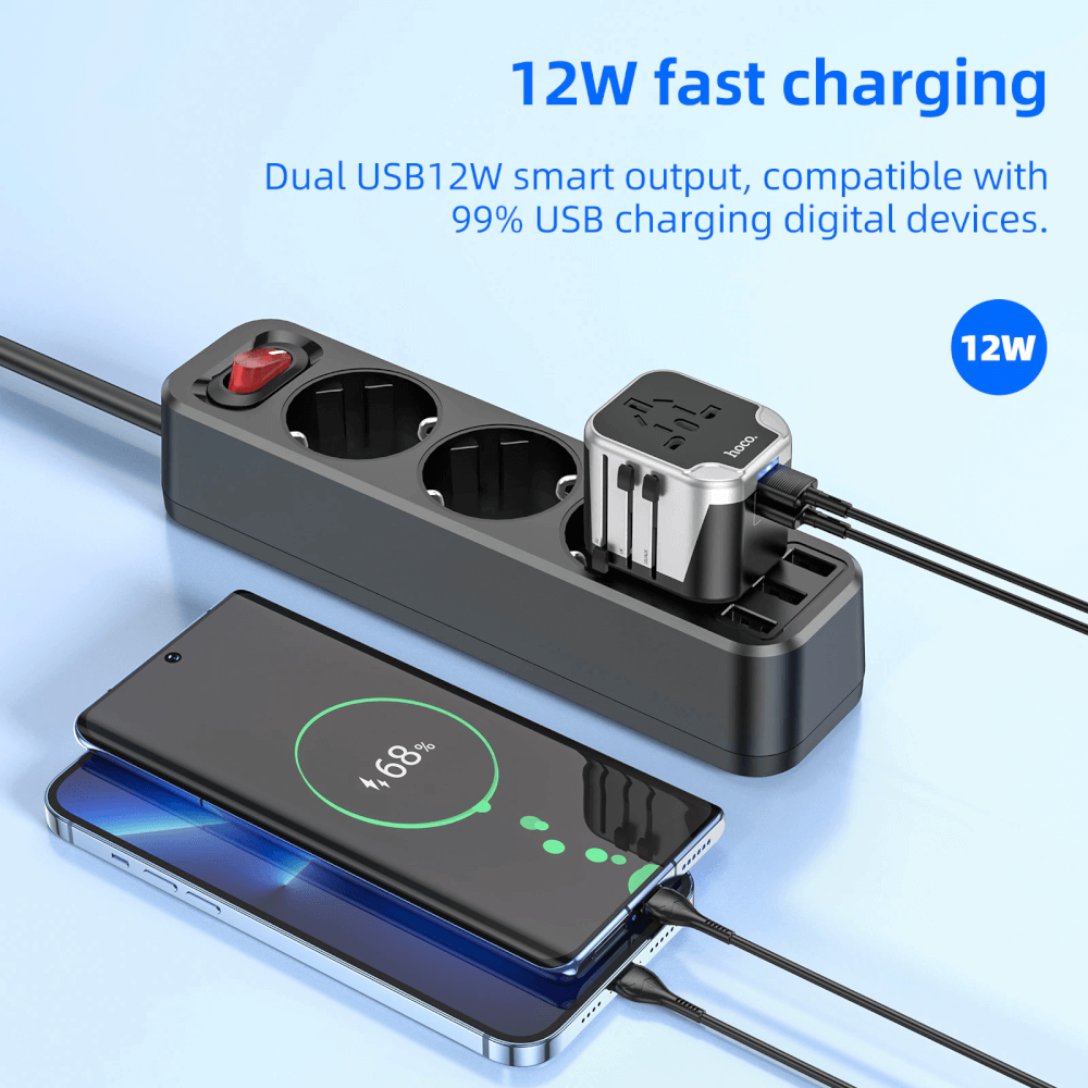 ปลั๊กแปลง 3 IN 1 UNIVERSAL HOCO AC5 2USB + 1AC รองรับโซน EU/UK/US/AUS
