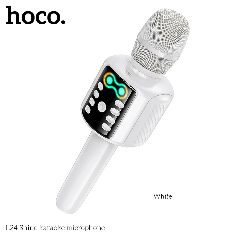 ไมโครโฟนคาราโอเกะ HOCO L24 สีขาว พร้อมลำโพงในตัว บลูทูธ 5.4, ไฟ RGB, เล่นไฟล์ผ่าน USB/TF/AUX