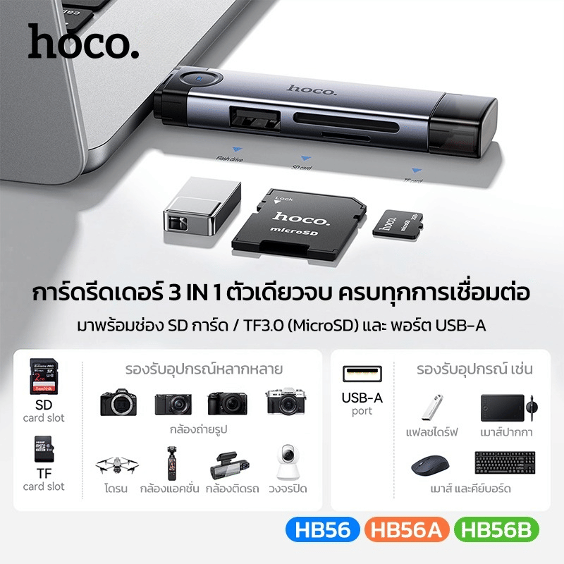 การ์ดรีดเดอร์ 3IN1 HOCO HB56 USB + TYPE-C อ่าน SD CARD, MICRO SD CARD, USB FLASH DRIVE รองรับ OTG ความเร็วสูง 5GBPS