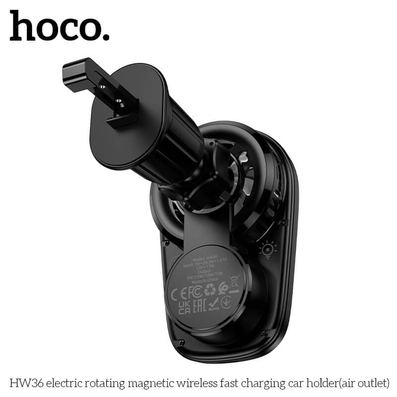 แท่นชาร์จไร้สาย 2-IN-1 HOCO HW36 พร้อมพัดลมระบายความร้อน รุ่นติดช่องแอร์ หมุนอัตโนมัติ จ่ายไฟ 15W