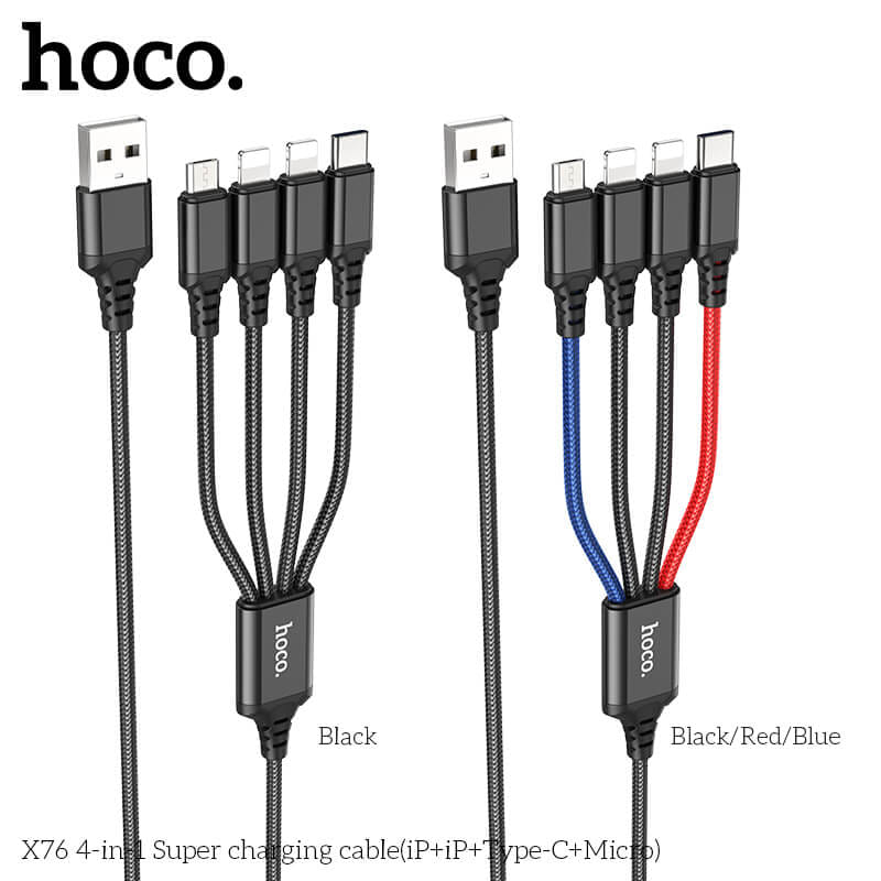 สายชาร์จ 4 หัว HOCO X76 4IN1 สำหรับ IOS (X2) + MICRO + TYPE-C ยาว 1 เมตร จ่ายไฟเต็ม 2A สีรวม_3