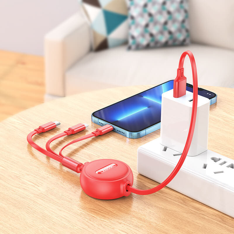 สายชาร์จ 3 หัว HOCO X75 พร้อมตลับเก็บสาย สำหรับ IOS + MICRO + TYPE-C ยาว 1 เมตร สีแดง