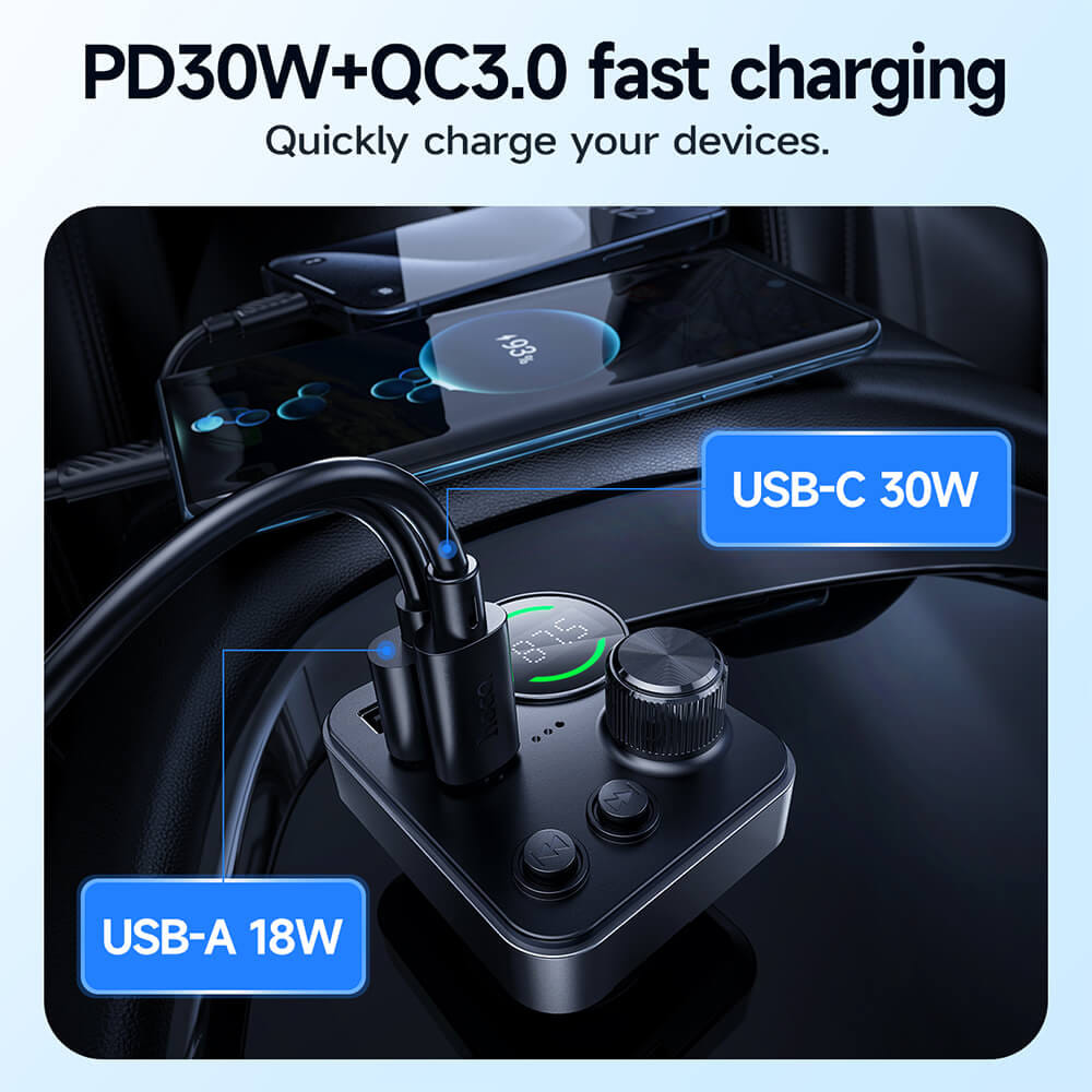 บลูทูธรถยนต์ + หัวชาร์จในรถ 2IN1 HOCO E86 ชาร์จเร็ว PD 30W + QC 3.0 รองรับแฟลชไดรฟ์ TF CARD สีดำ