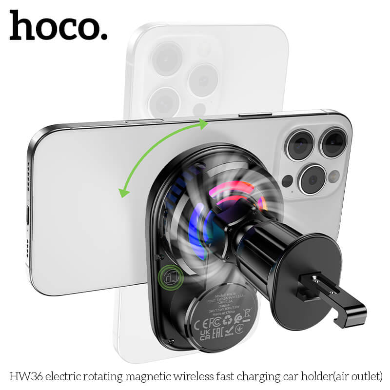 แท่นชาร์จไร้สาย 2-IN-1 HOCO HW36 พร้อมพัดลมระบายความร้อน รุ่นติดช่องแอร์ หมุนอัตโนมัติ จ่ายไฟ 15W