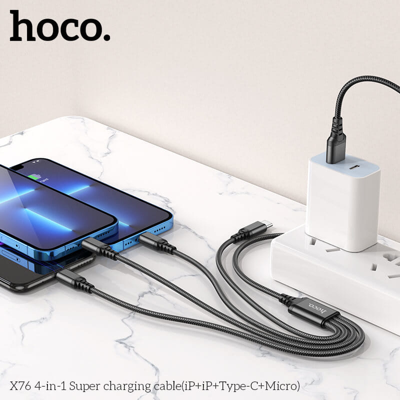 สายชาร์จ 4 หัว HOCO X76 4IN1 สำหรับ IOS (X2) + MICRO + TYPE-C ยาว 1 เมตร จ่ายไฟเต็ม 2A สีดำ_4