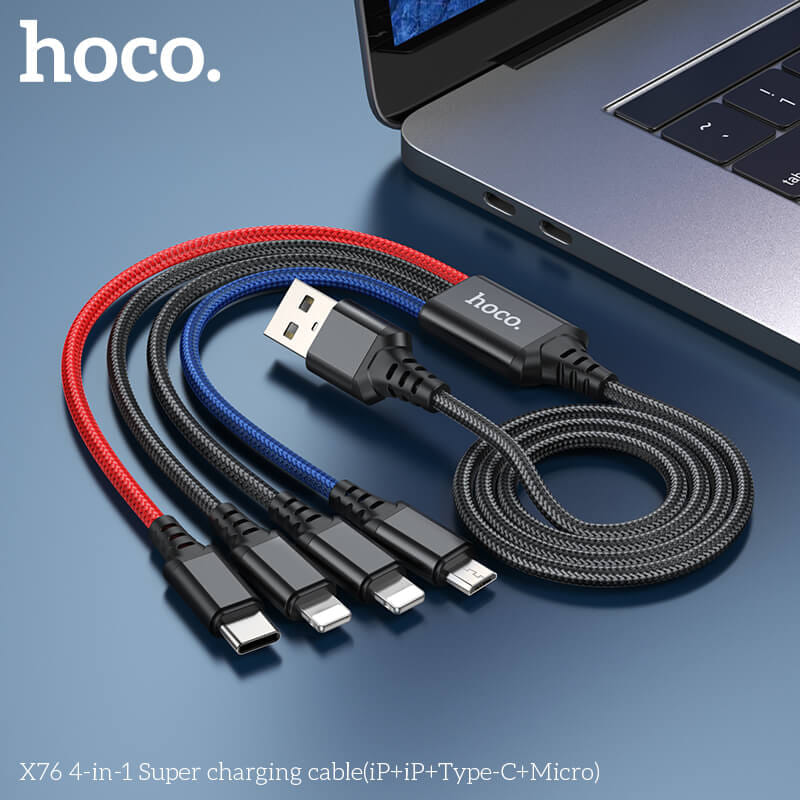 สายชาร์จ 4 หัว HOCO X76 4IN1 สำหรับ IOS (X2) + MICRO + TYPE-C ยาว 1 เมตร จ่ายไฟเต็ม 2A สีรวม_4