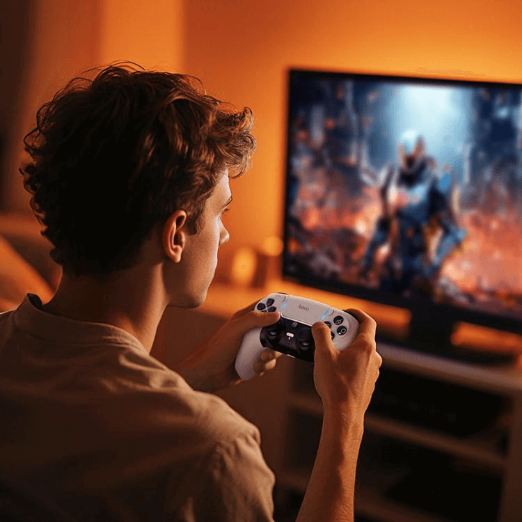 จอยเกมไร้สาย HOCO GA32 สำหรับใช้กับ PS5 มอเตอร์สั่นคู่ รองรับหูฟัง สีขาว