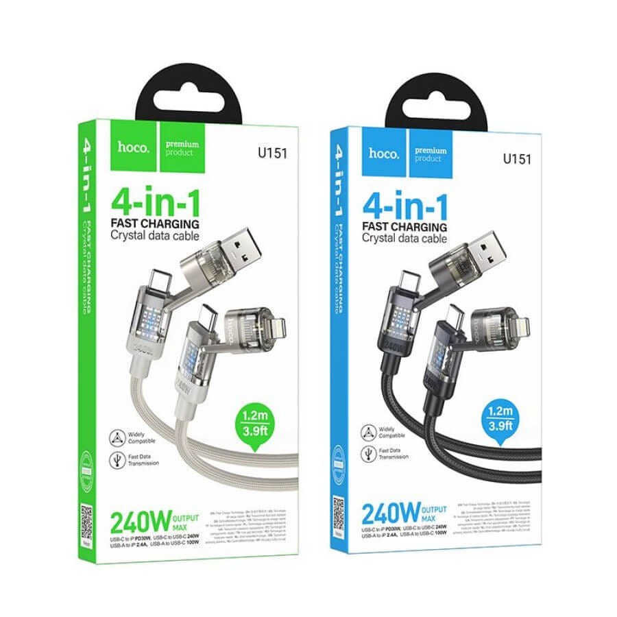 สายชาร์จเร็ว 4IN1 HOCO U151 สีเทา จ่ายไฟ 240W TYPE-C & USB-A TO TYPE-C / IP