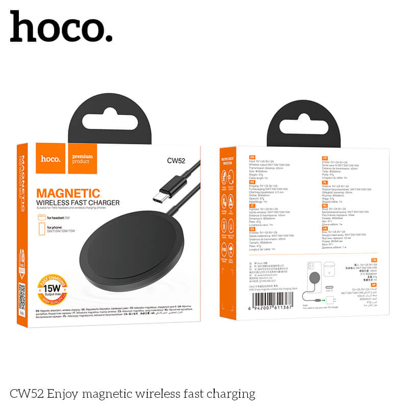 แท่นชาร์จไร้สาย 2IN1 HOCO CW52 QI WIRELESS จ่ายไฟ 15W รองรับ มือถือ & หูฟังไร้สาย IOS ANDROID สีดำ_5
