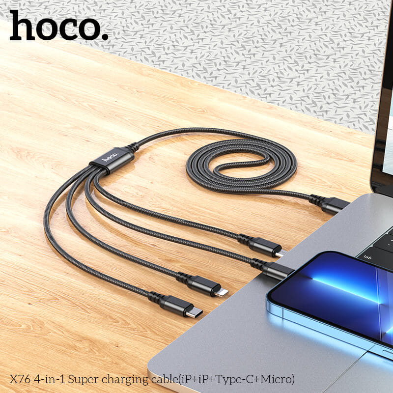 สายชาร์จ 4 หัว HOCO X76 4IN1 สำหรับ IOS (X2) + MICRO + TYPE-C ยาว 1 เมตร จ่ายไฟเต็ม 2A สีดำ_5