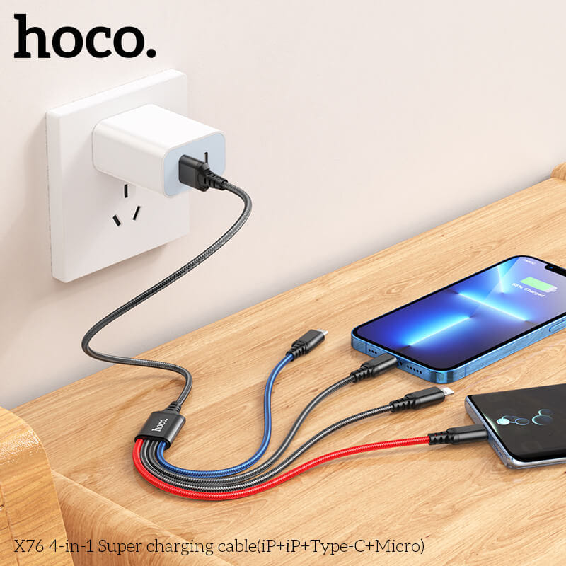 สายชาร์จ 4 หัว HOCO X76 4IN1 สำหรับ IOS (X2) + MICRO + TYPE-C ยาว 1 เมตร จ่ายไฟเต็ม 2A สีรวม_5