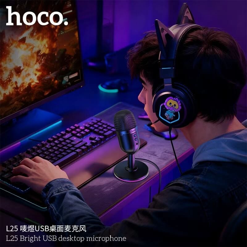 ไมโครโฟนตั้งโต๊ะ HOCO L25 จับเสียงรอบทิศ 360&deg; ต่อสาย USB-A พร้อมไฟ RGB
