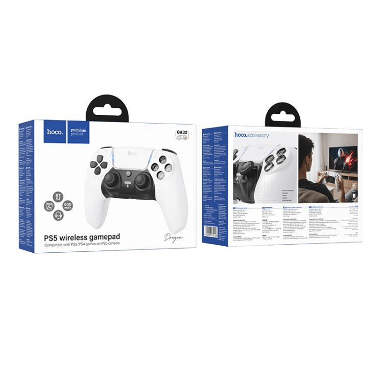 จอยเกมไร้สาย HOCO GA32 สำหรับใช้กับ PS5 มอเตอร์สั่นคู่ รองรับหูฟัง สีขาว