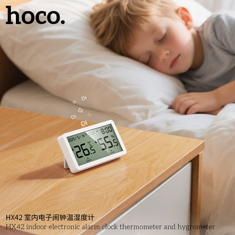 นาฬิกาดิจิตอล 5-IN-1 HOCO HX42 จอแสดงผล LCD วัดอุณหภูมิ วัดความชื้น ตั้งปฏิทิน ตั้งปลุก